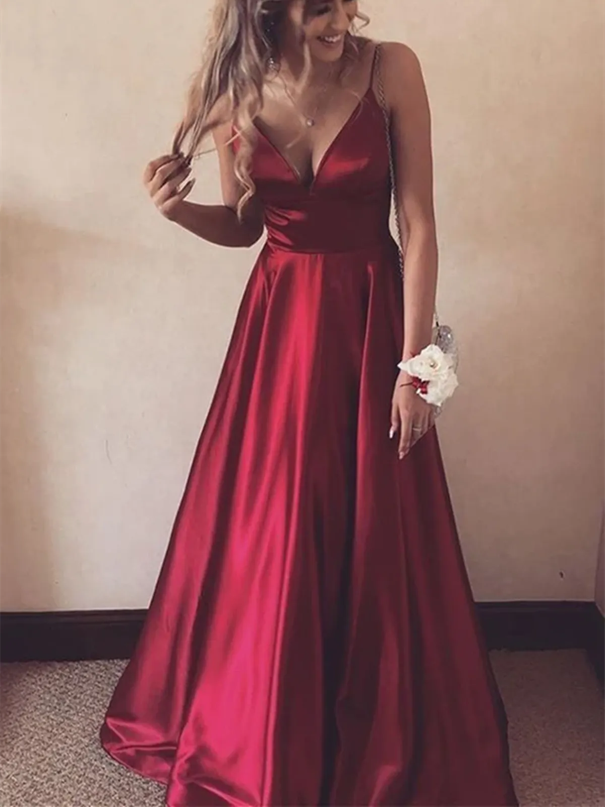 A Line V Neck Burgundy Satin Long Prom Dresses, V Neck Burgundy Formal Graduation Evening Dresses