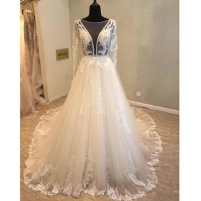 Beautiful Long Sleeves V Back Tulle Applique Affordable Long Wedding Dress, WG1204