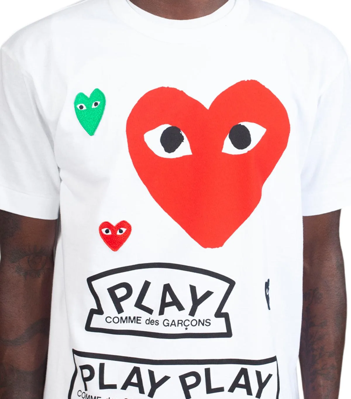 CdG PLAY White Multi Logo T-Shirt Red Heart