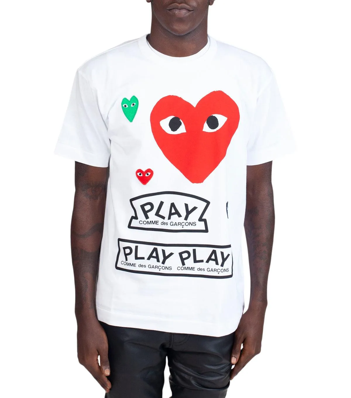 CdG PLAY White Multi Logo T-Shirt Red Heart