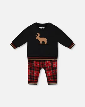 Fleece Sweatshirt And Pant Set Plaid Black And Red