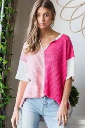 Fuchsia Contrast Waffle-Knit Half Sleeve Top