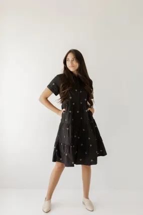 'Marissa' Embroidered Tiered Cotton Blend Shirtdress in Black