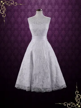 Retro Boat Neck Lace Tea Length Wedding Dress ELAINE