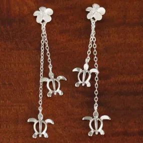 Sterling Silver 8mm Plumeria with CZ Drop Chain Double Honu (Hawaiian Turtle) Post Earrings