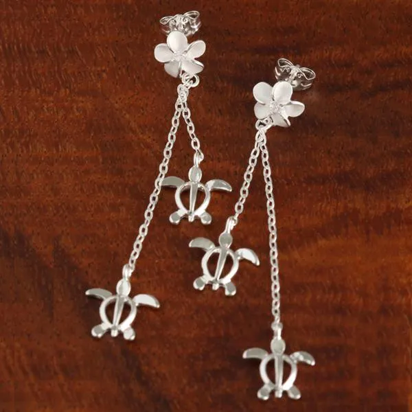 Sterling Silver 8mm Plumeria with CZ Drop Chain Double Honu (Hawaiian Turtle) Post Earrings